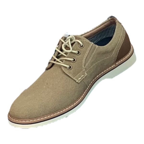 Close-up of Nunn Bush Barklay Canvas Plain Toe Oxford in Khaki with contrast stitching.